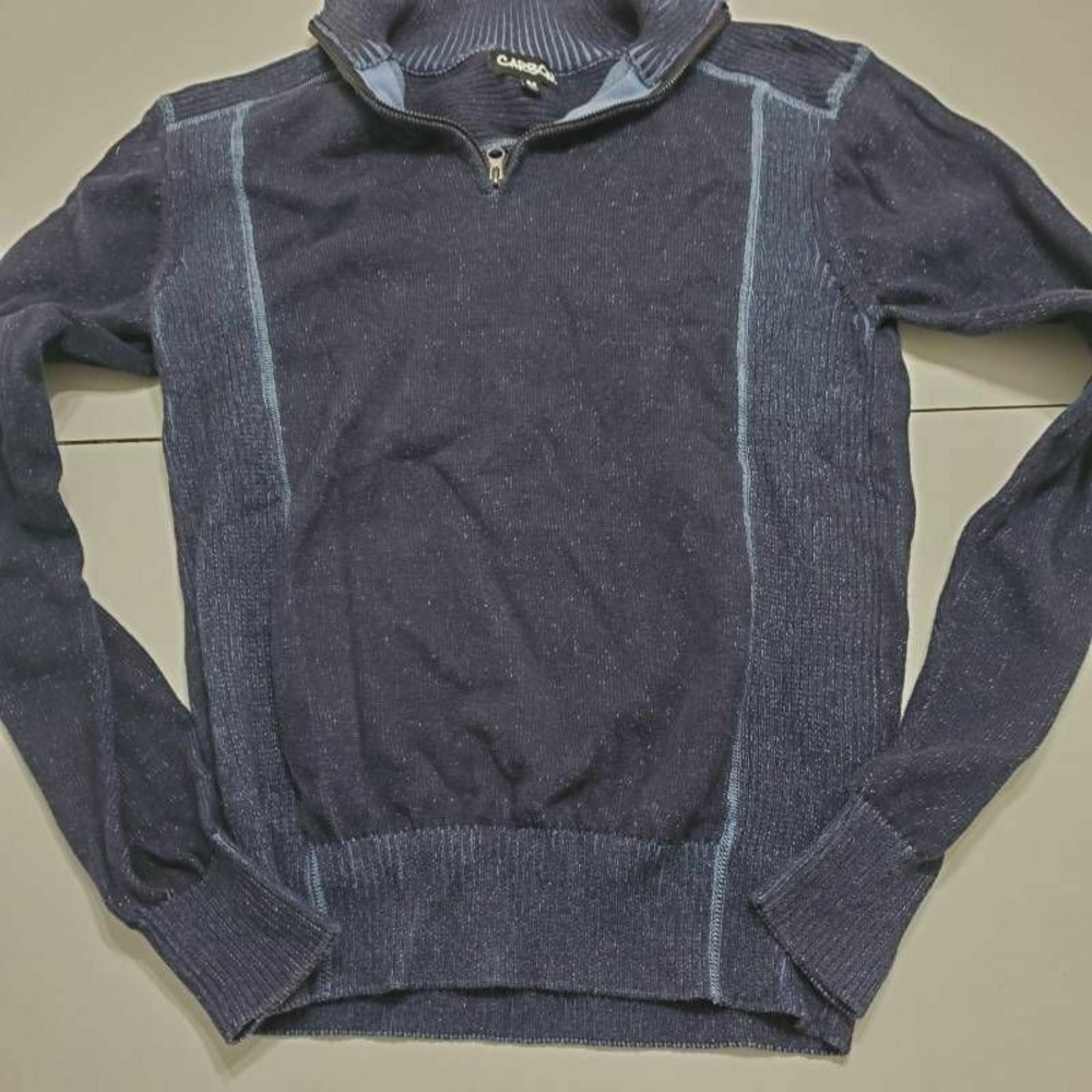Carbon Mens Pullover Sweater Blue Gray Marled Mock Neck 1/4 Zip Long Sleeve M